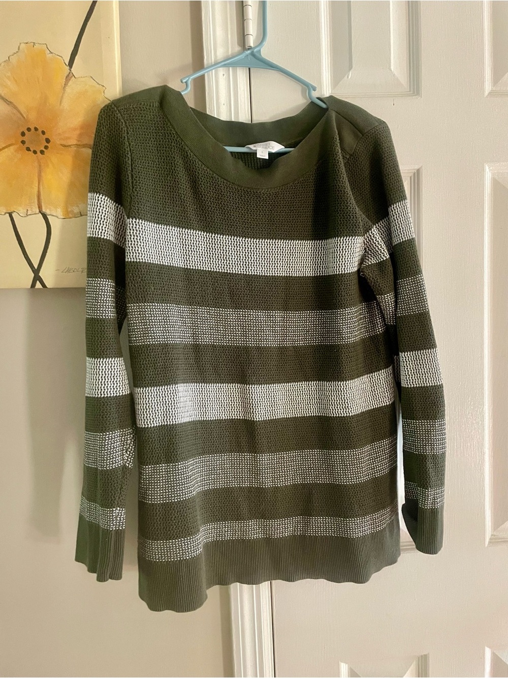 Market & Spruce Olive and White Striped Crewneck Sweater